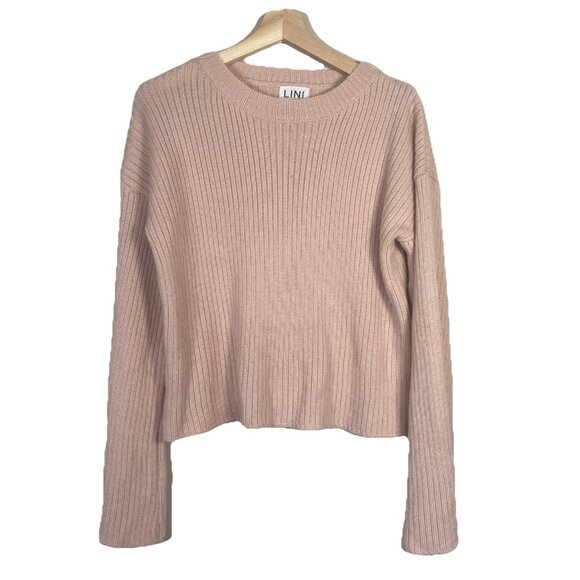 Lini Sweaters - Lini Ribbed Crew Neck Sweater Size M Blush Pink Flare Sleeve Cropped Preppy
